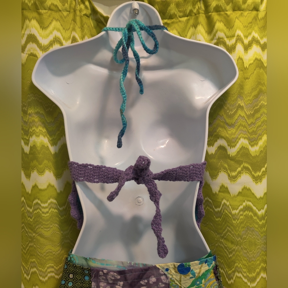 Handmade Crochet Halter Top with Blue and Purple Flowers - Picture 2 of 4